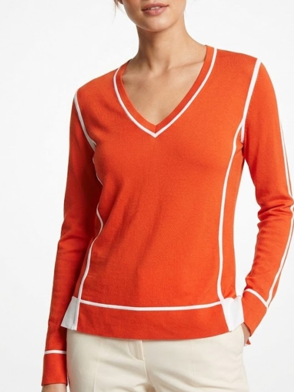 Michael Kors Orange V-Neck Sweater with White Contrast Trim